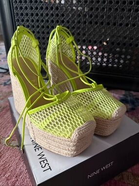 Gianni Bini Neon Lime Mesh Espadrille Wedge Sandals with Lace-Up Ankle